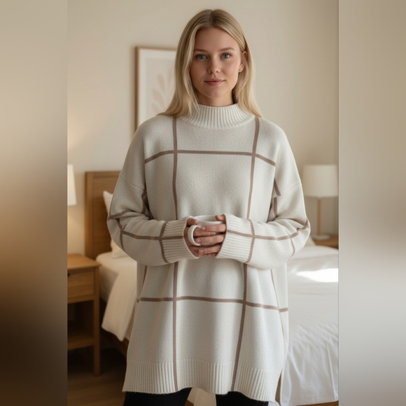 Christian Siriano Sweaters - Christian Siriano Cream and Beige Mock Neck Sweater Size Small.